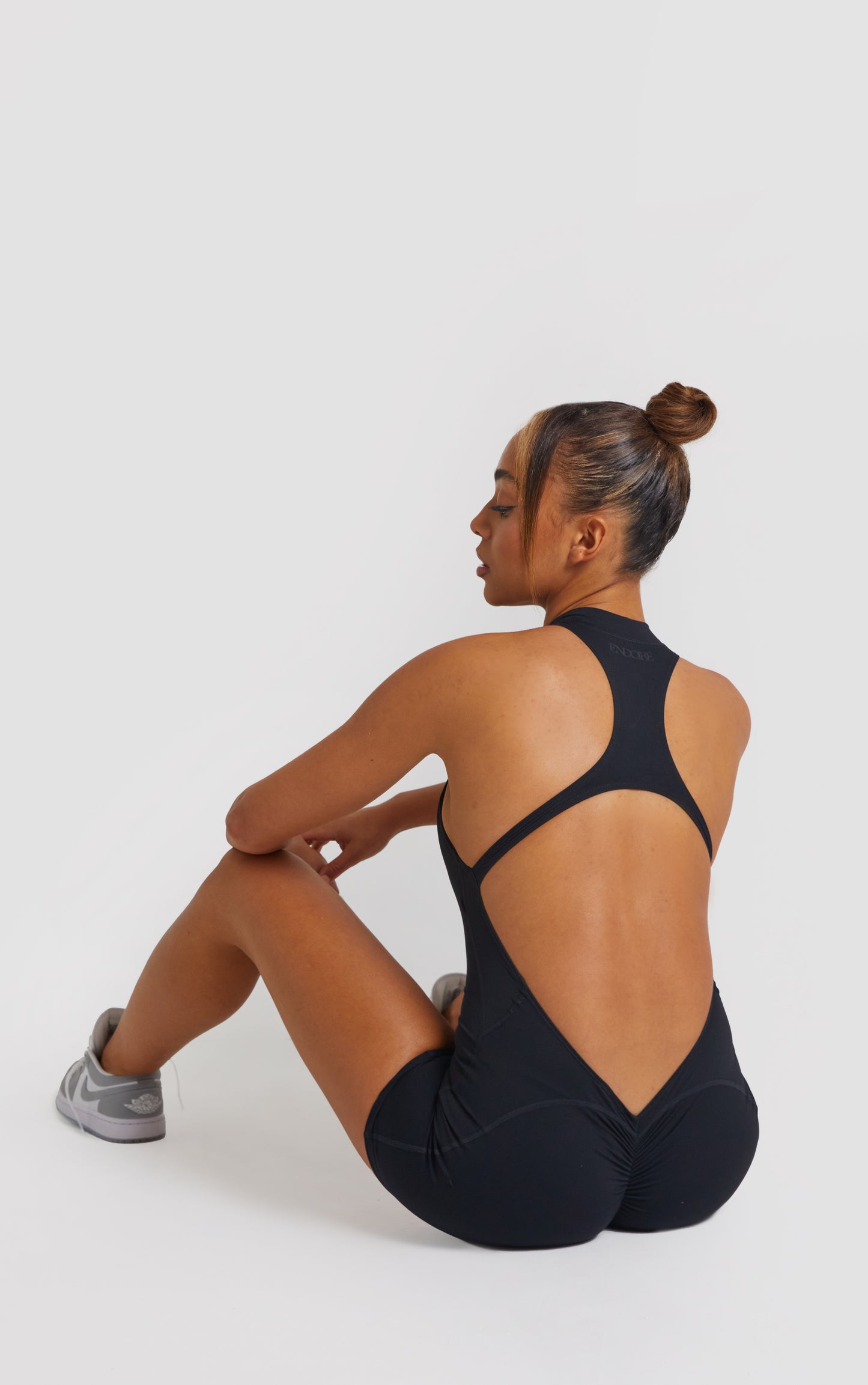 Zip Up Racer Back Scrunch Unitard - Black