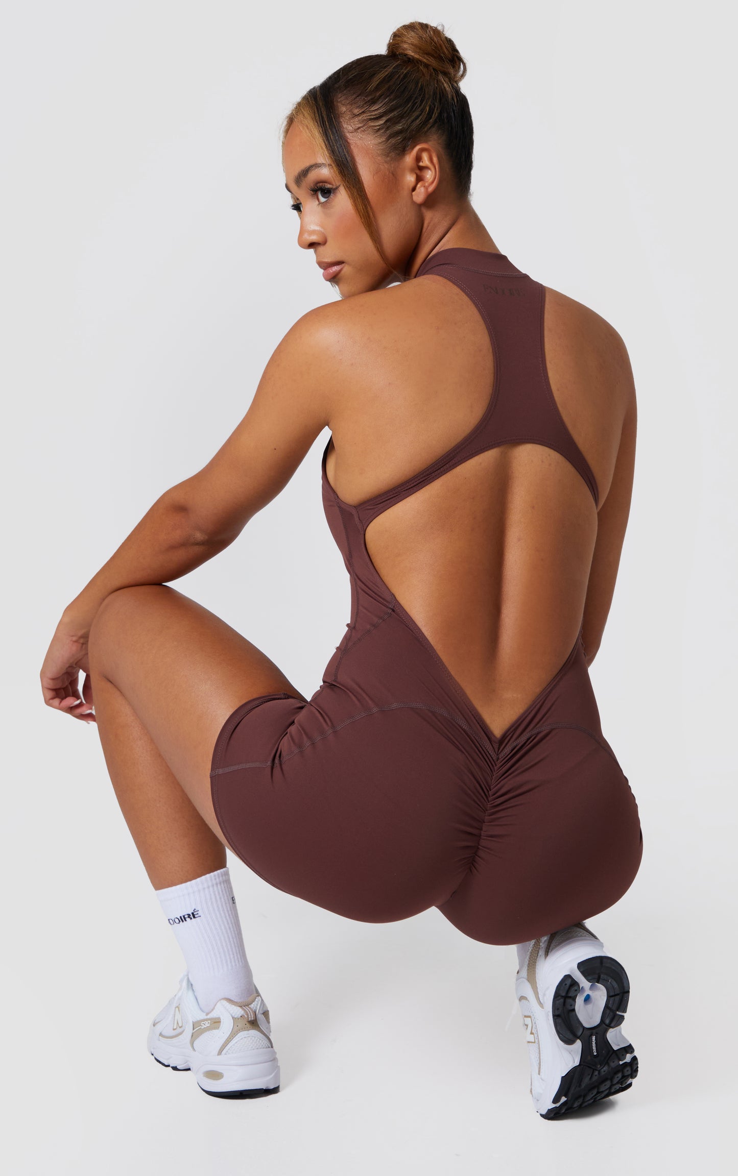 Zip Up Racer Back Scrunch Unitard - Brown