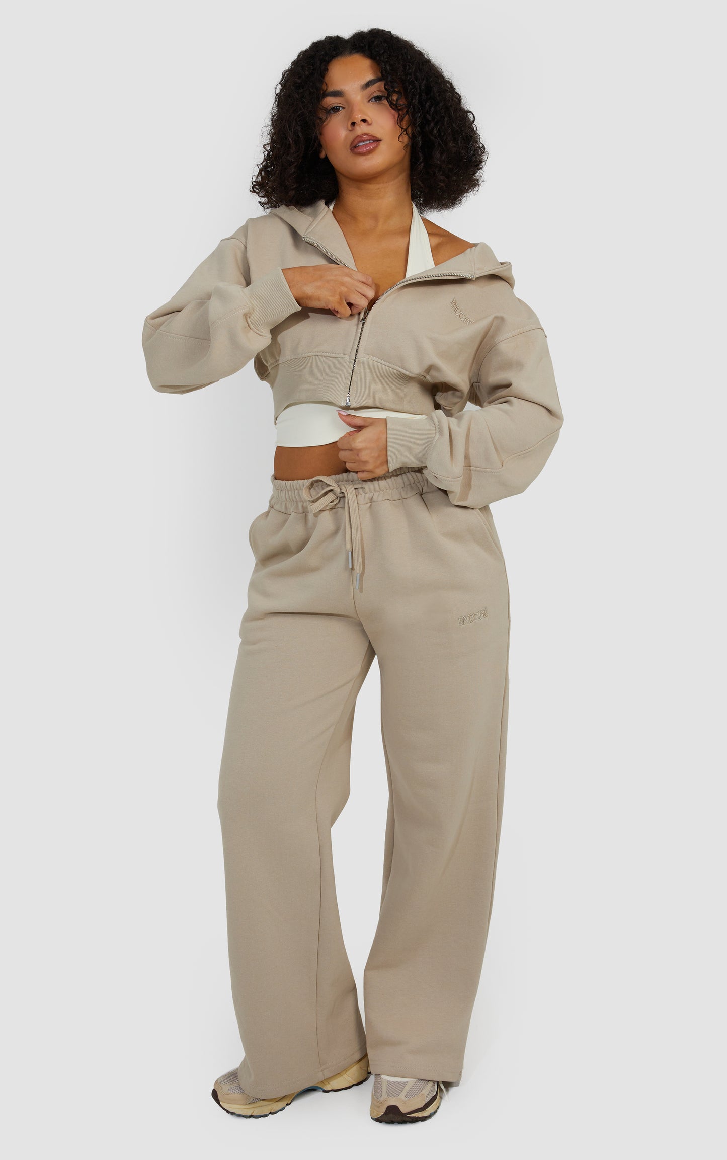 Layered Wide Leg Jogger and Zip Through Cropped Hoodie - Stone