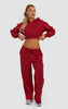 Layered Wide Leg Jogger and Zip Through Cropped Hoodie - Cherry Red