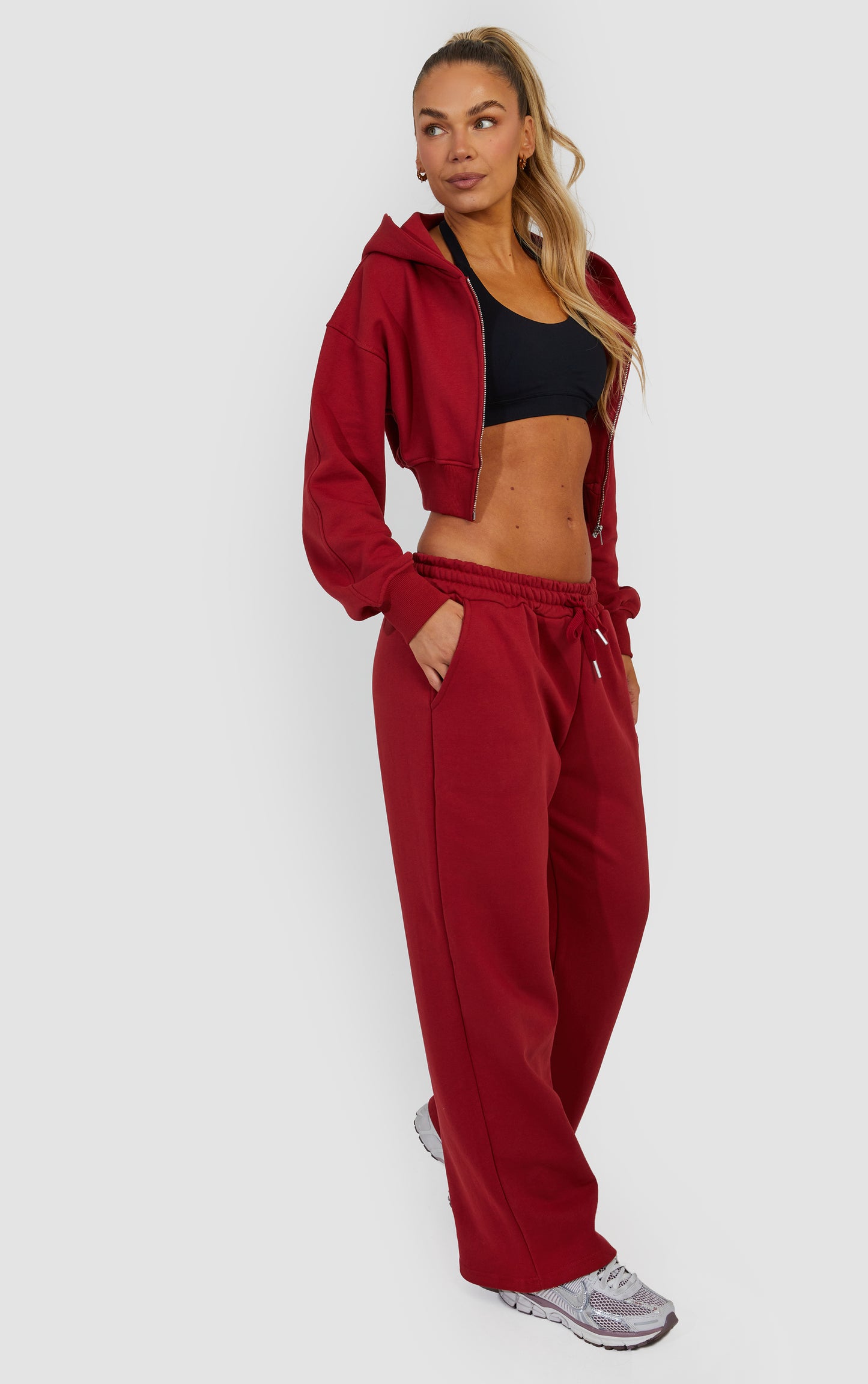 Layered Wide Leg Jogger and Zip Through Cropped Hoodie - Cherry Red