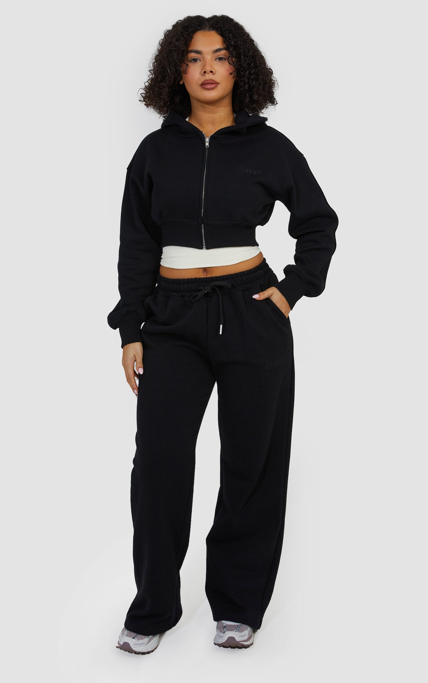Layered Wide Leg Jogger and Zip Through Cropped Hoodie - Black