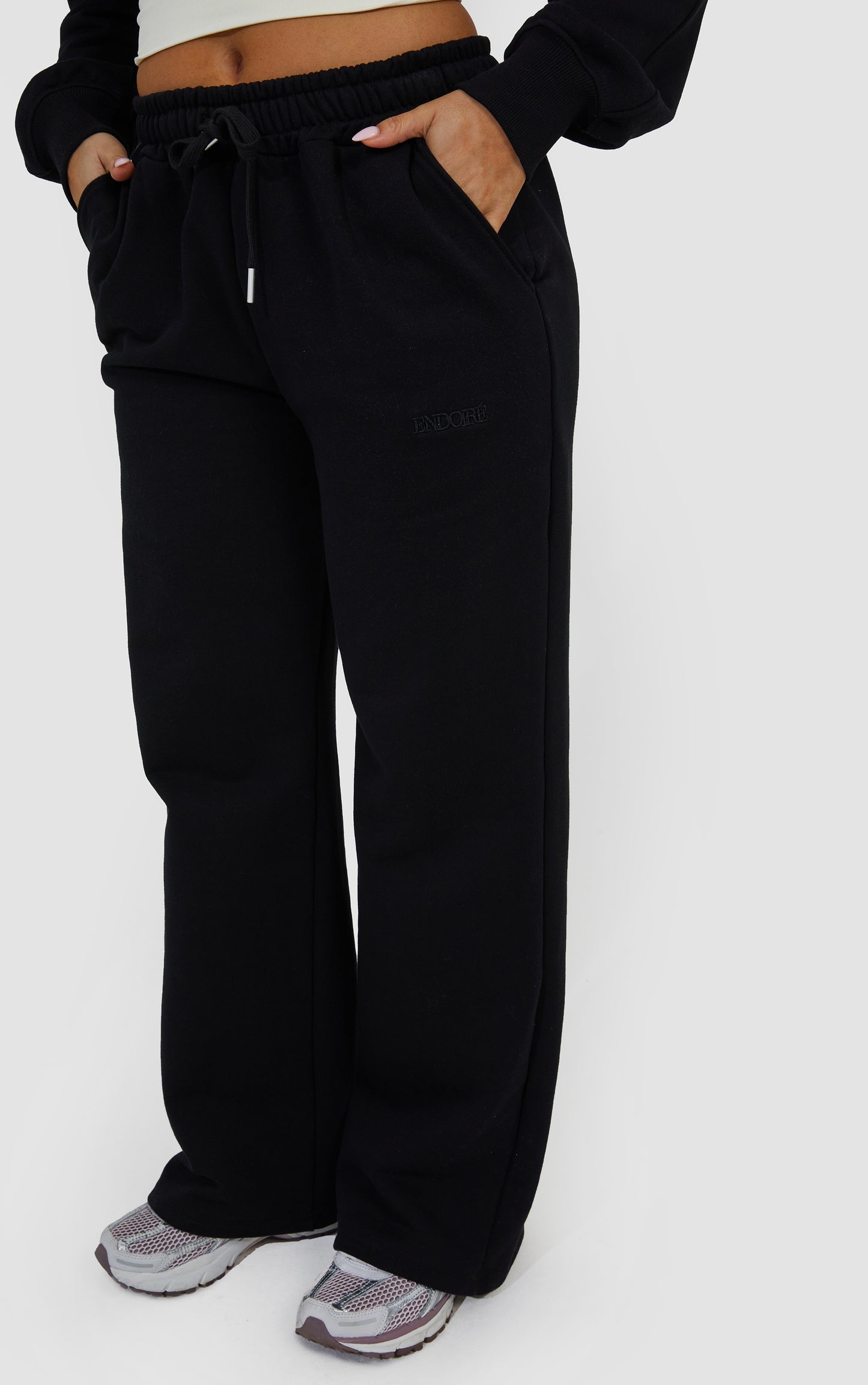 Layered Wide Leg Jogger and Zip Through Cropped Hoodie - Black