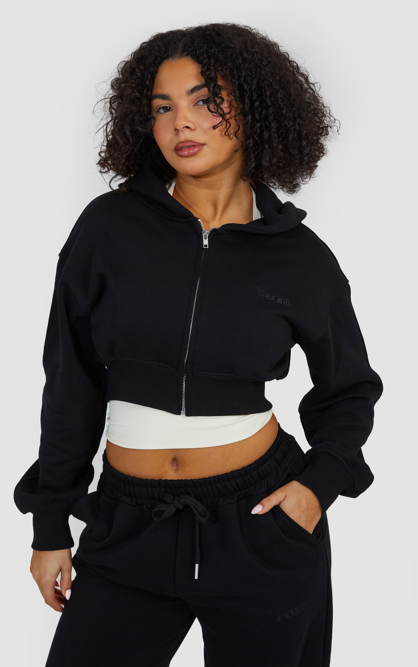 Layered Wide Leg Jogger and Zip Through Cropped Hoodie - Black