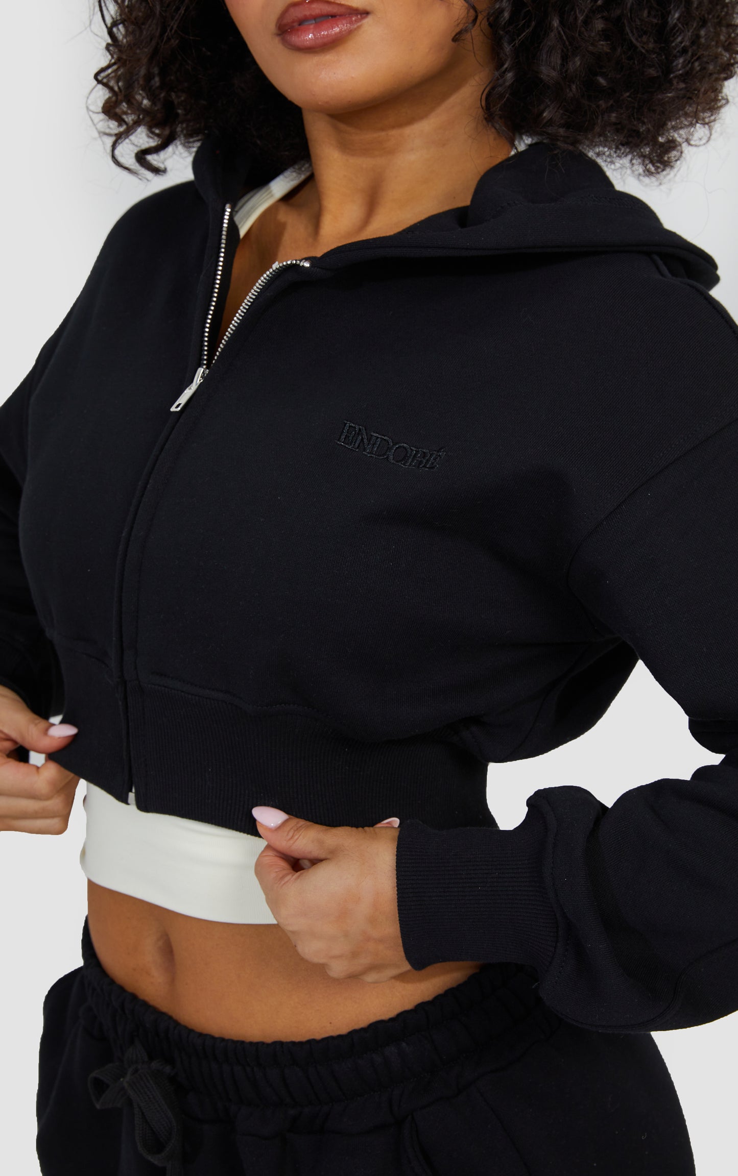 Layered Wide Leg Jogger and Zip Through Cropped Hoodie - Black