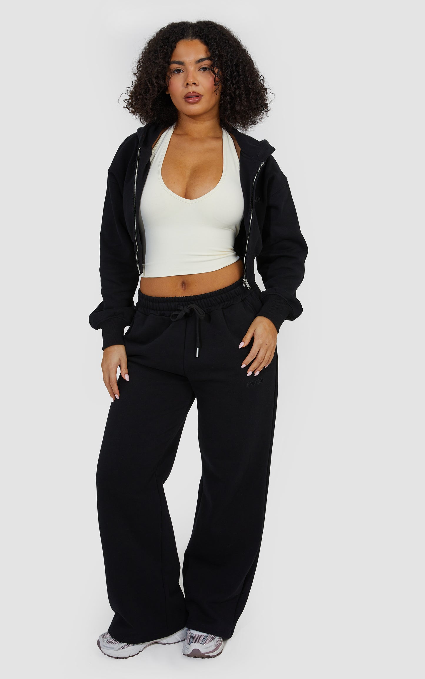 Layered Wide Leg Jogger and Zip Through Cropped Hoodie - Black