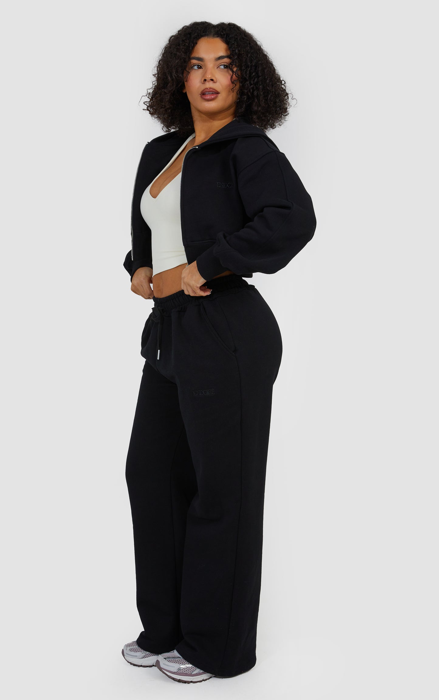 Layered Wide Leg Jogger and Zip Through Cropped Hoodie - Black