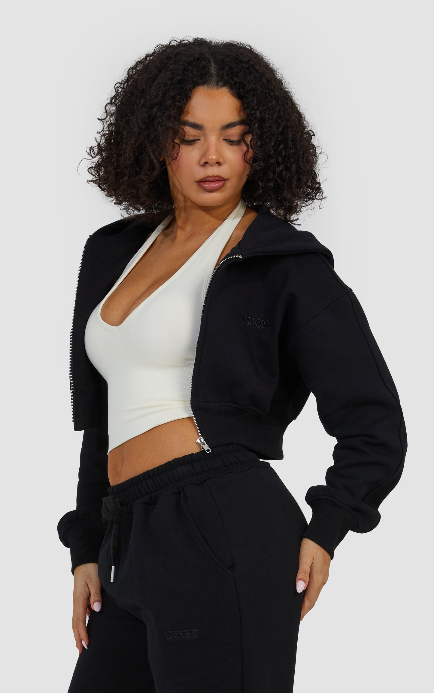 Layered Wide Leg Jogger and Zip Through Cropped Hoodie - Black