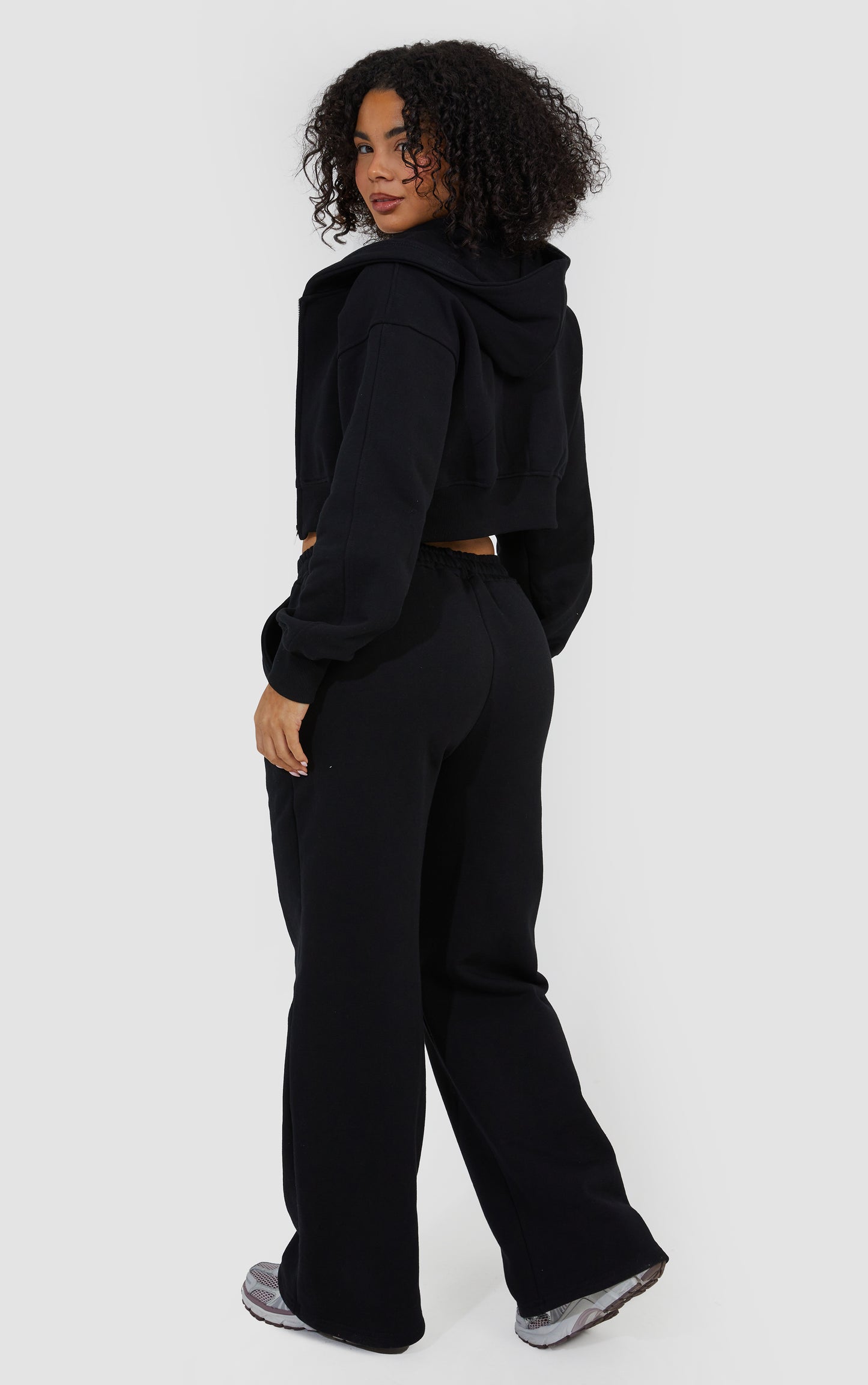 Layered Wide Leg Jogger and Zip Through Cropped Hoodie - Black