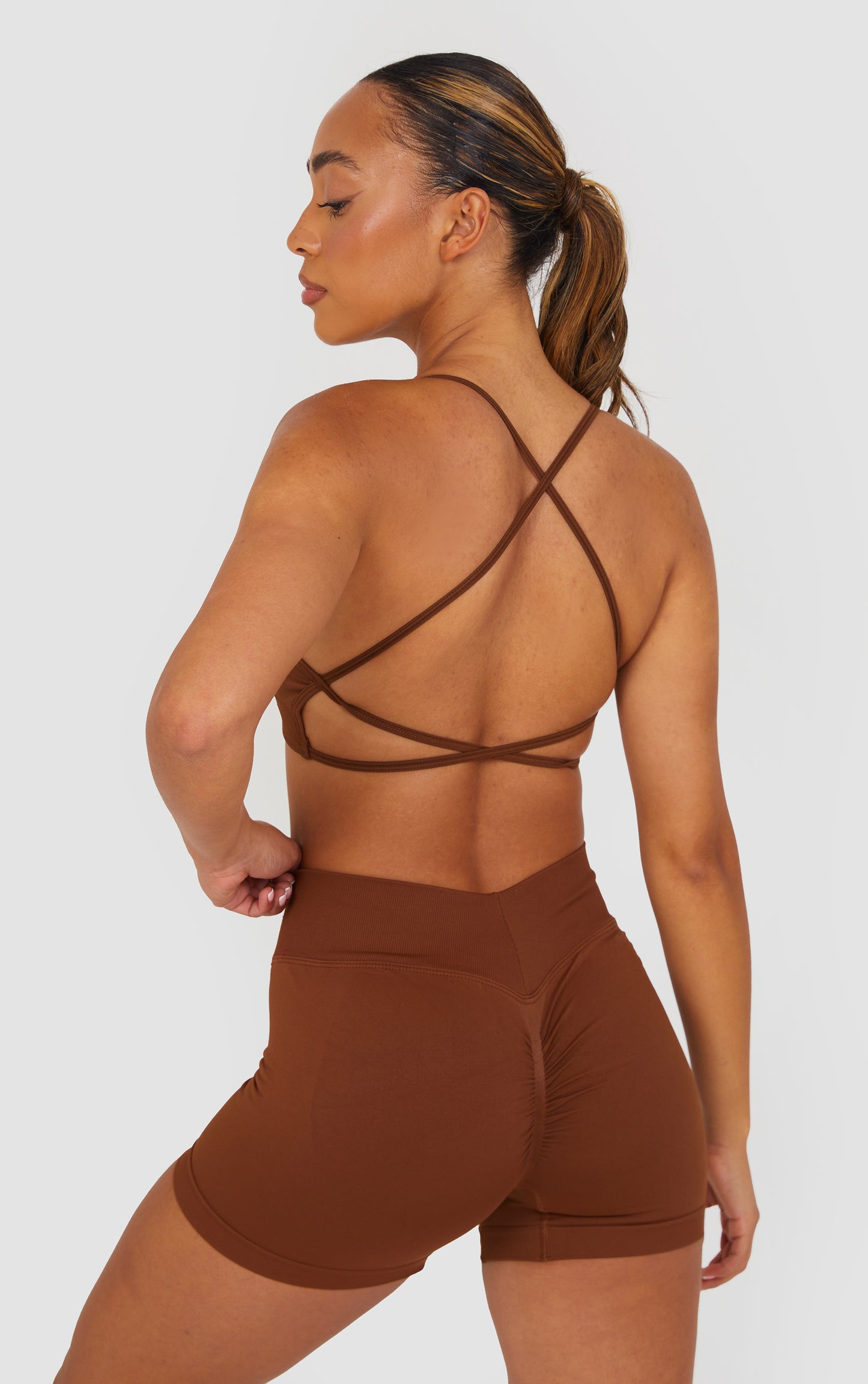 Flex Cross Strap Bra and Shorts Set - Caramel Brown