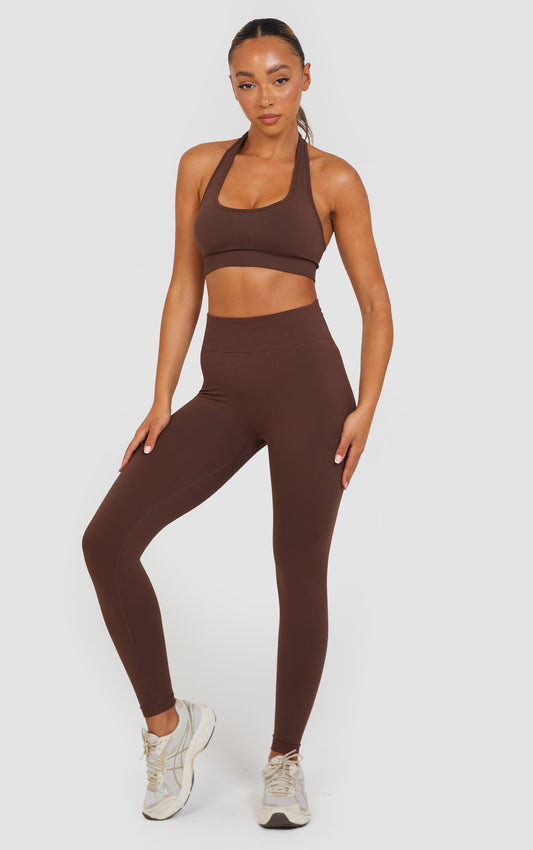 Soft Active Halter Neck Scrunch Leggings Set - Brown