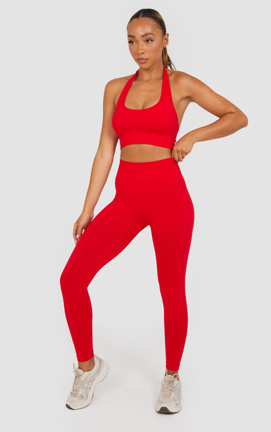 Soft Active Halter Neck Scrunch Leggings Set - Red