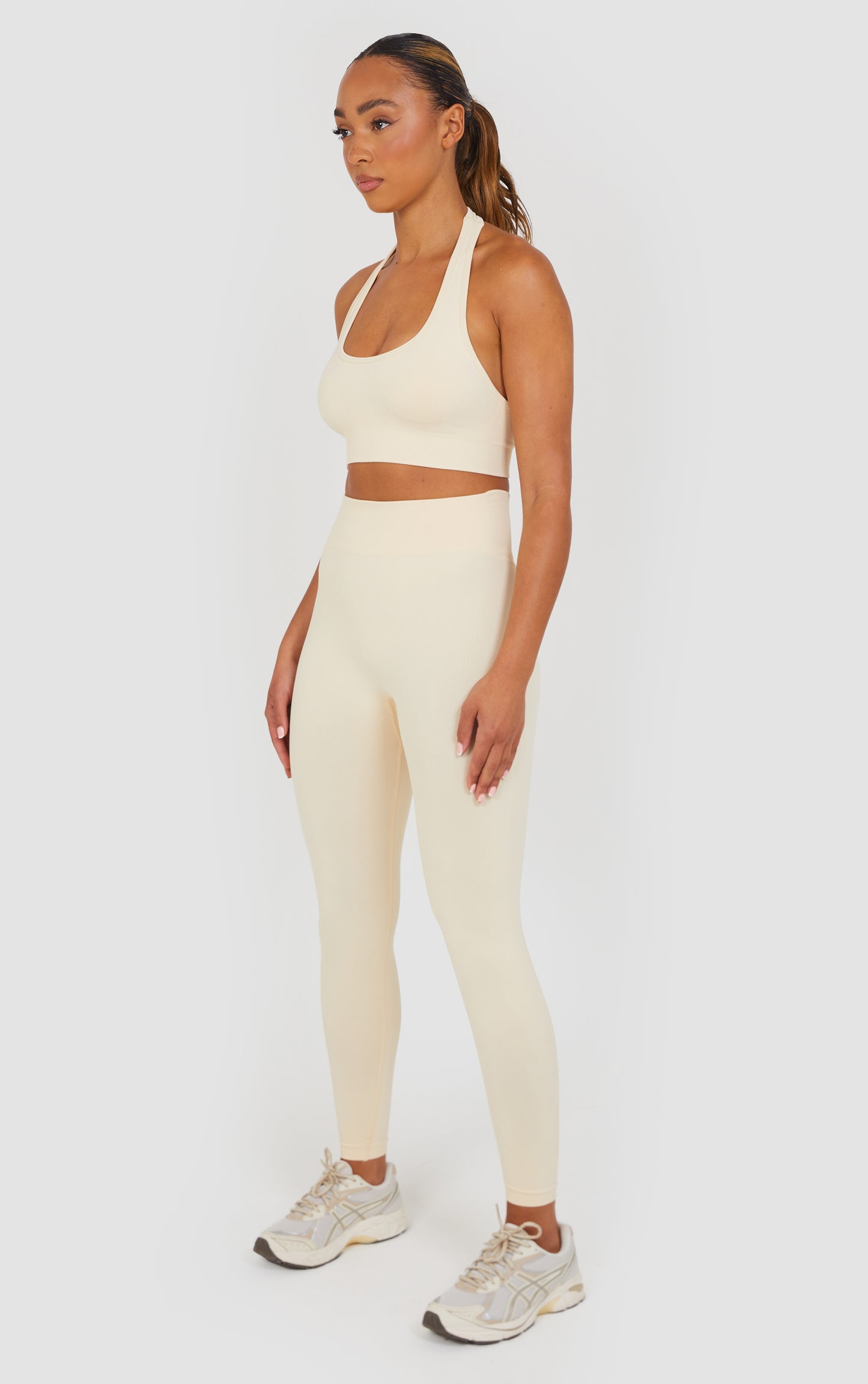 Soft Active Halter Neck Scrunch Leggings Set - Cream