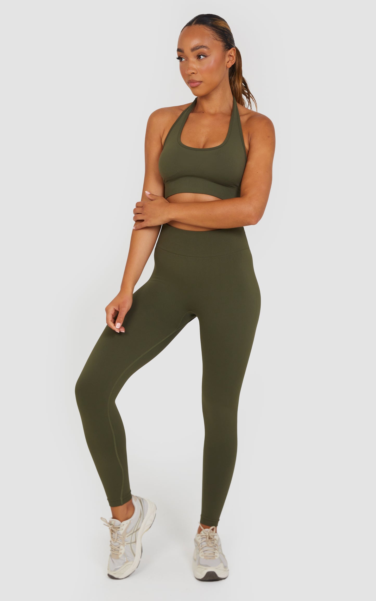 Soft Active Halter Neck Scrunch Leggings Set - Khaki