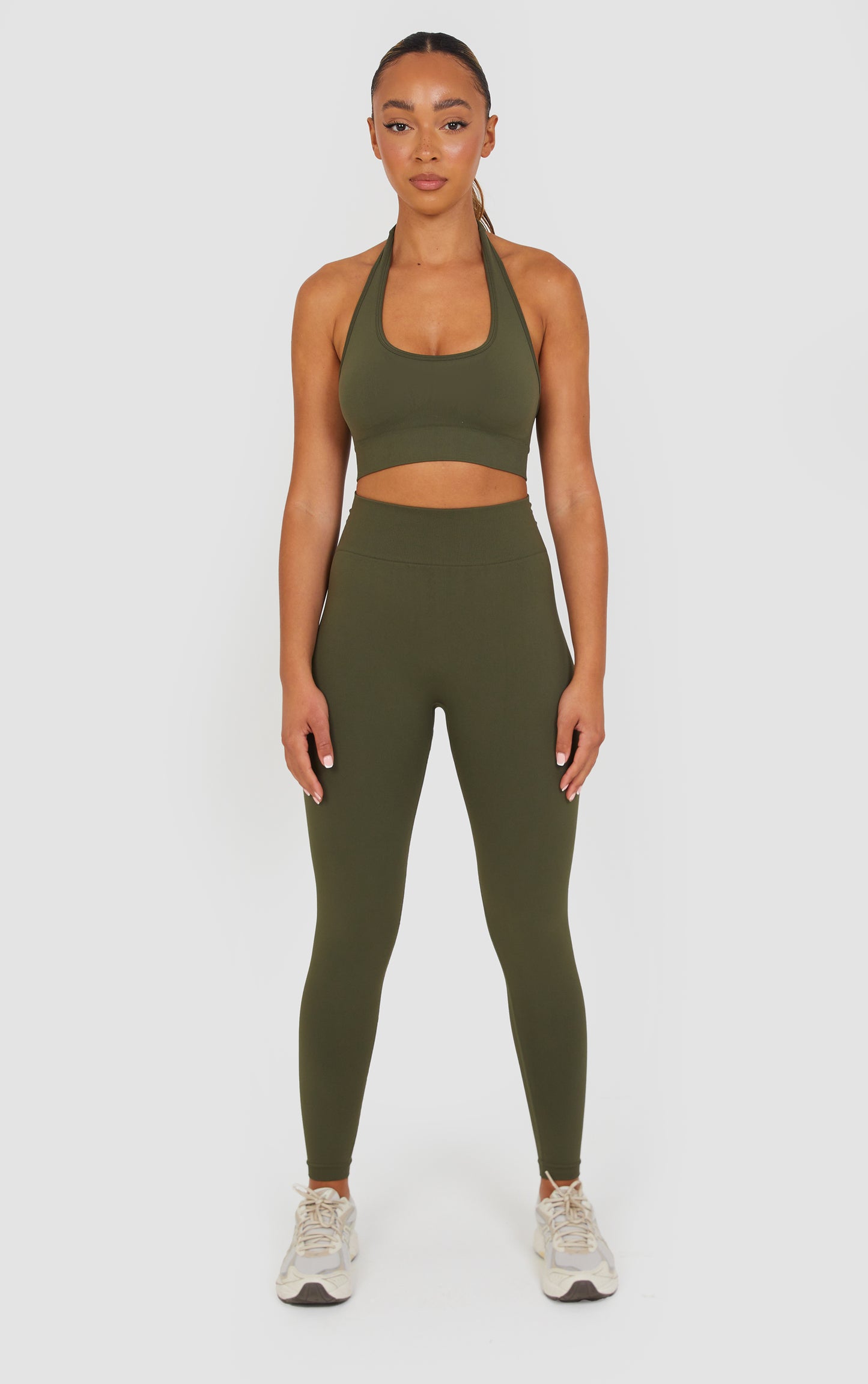 Soft Active Halter Neck Scrunch Leggings Set - Khaki