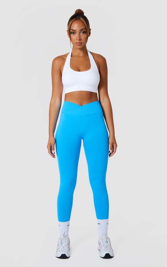 Statement Cross Waist Band Scrunch Leggings - Blue