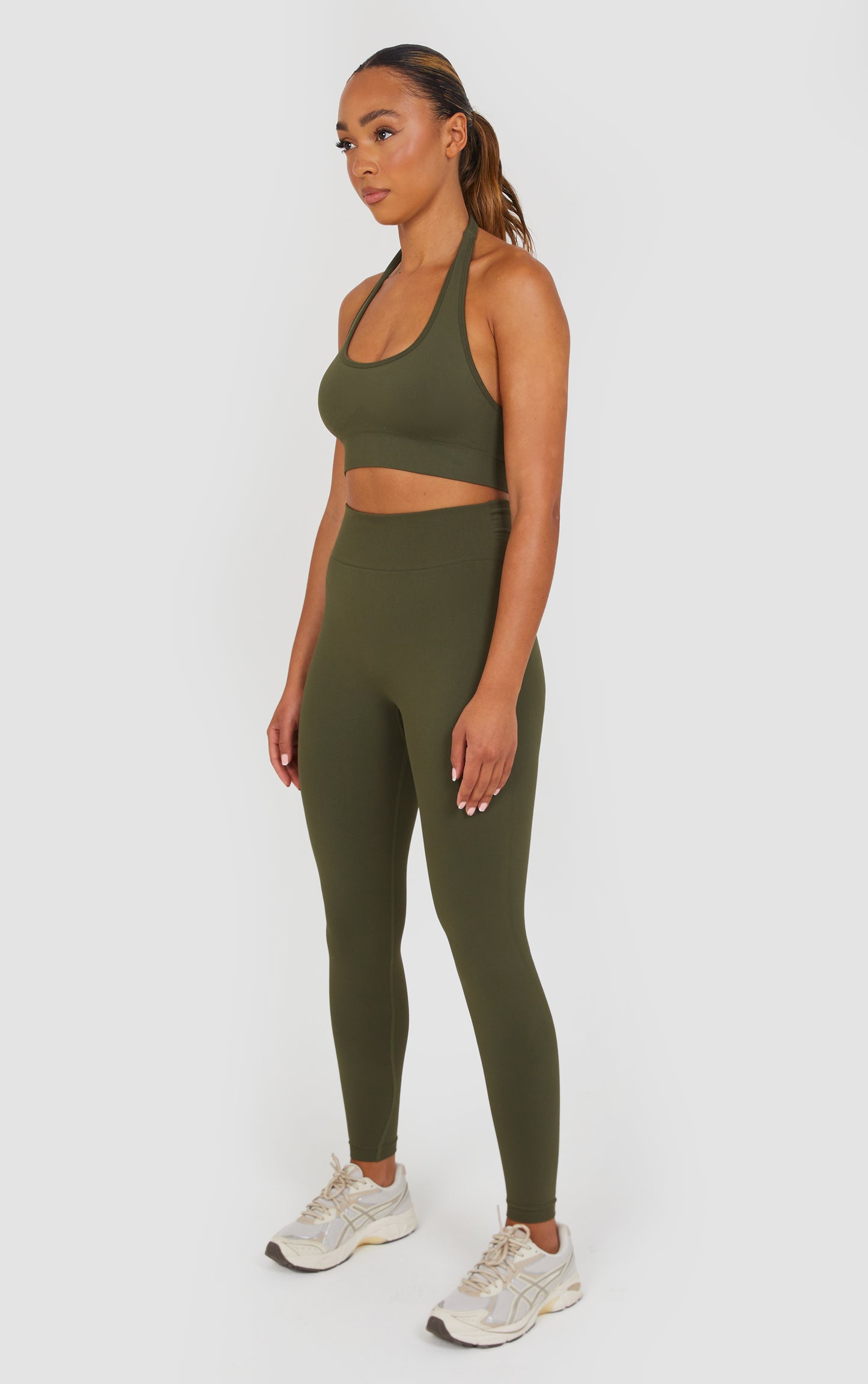 Soft Active Halter Neck Scrunch Leggings Set - Khaki