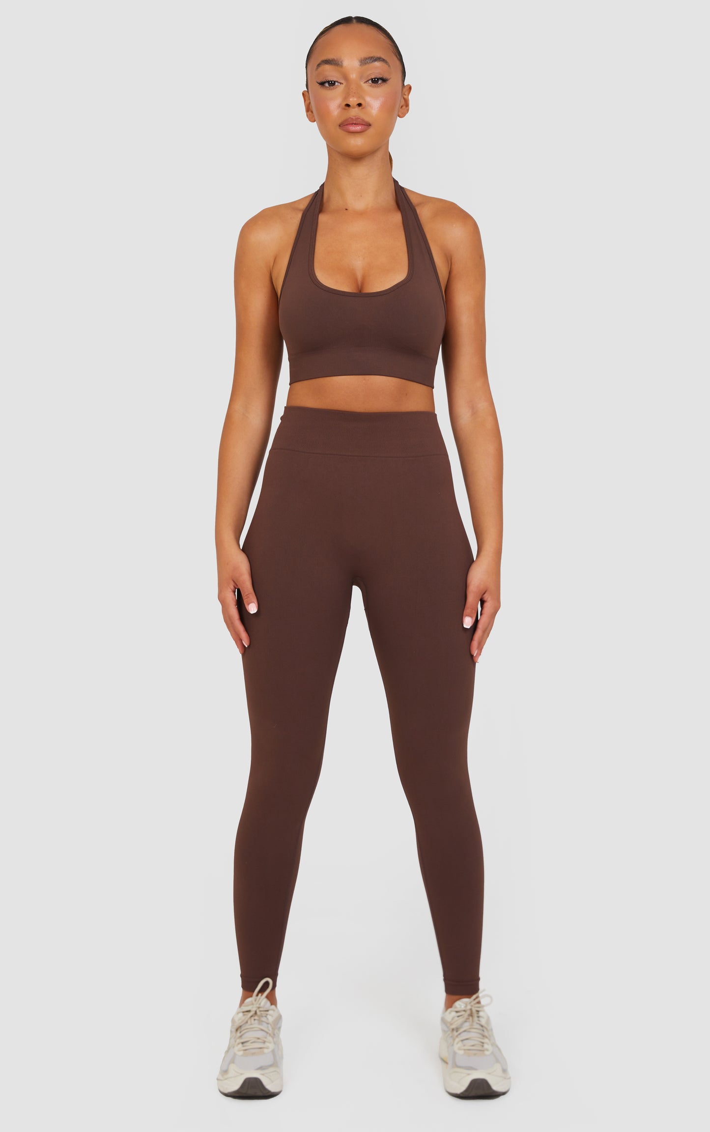 Soft Active Halter Neck Scrunch Leggings Set - Brown