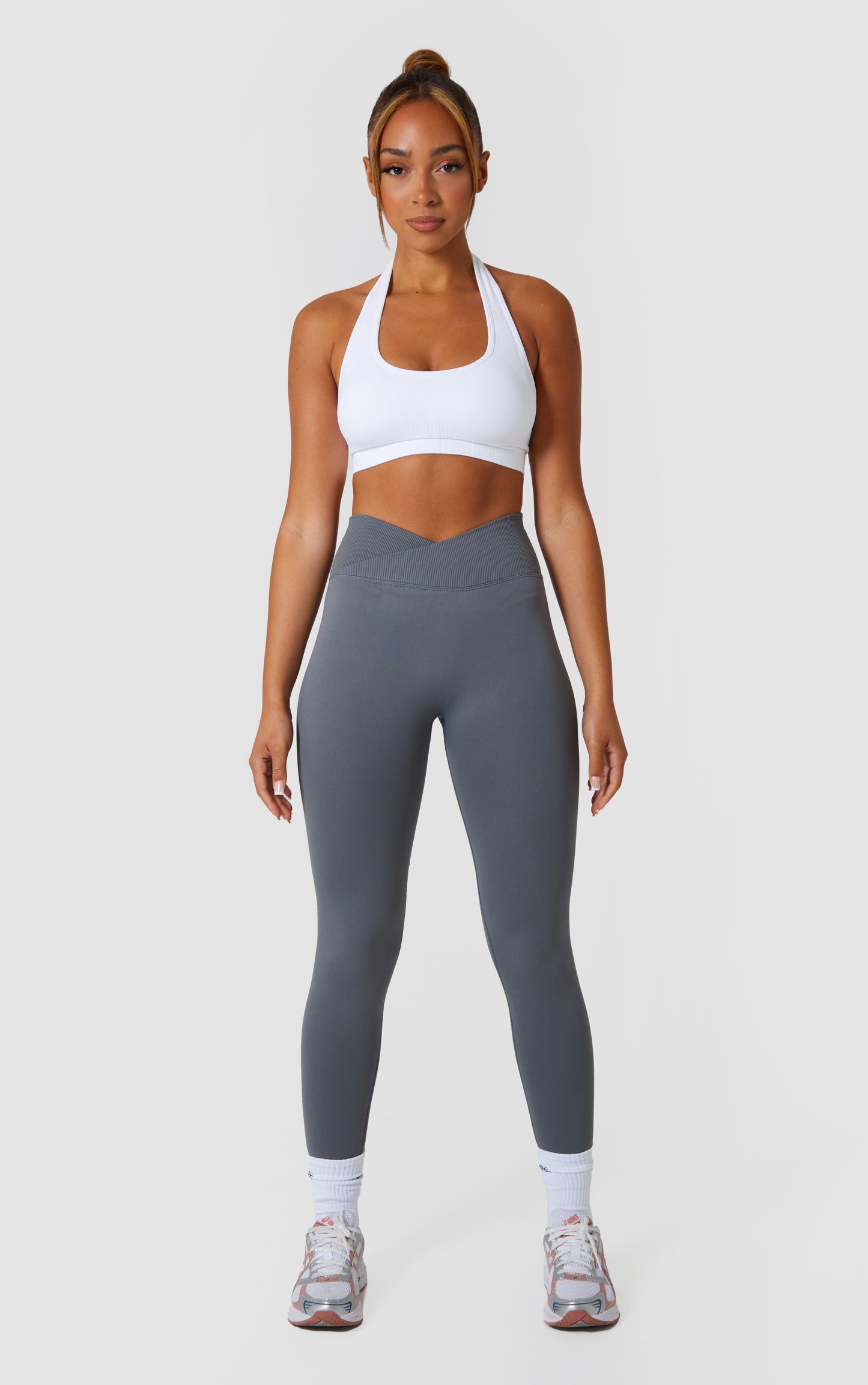 Statement Cross Waist Band Scrunch Leggings - Grey