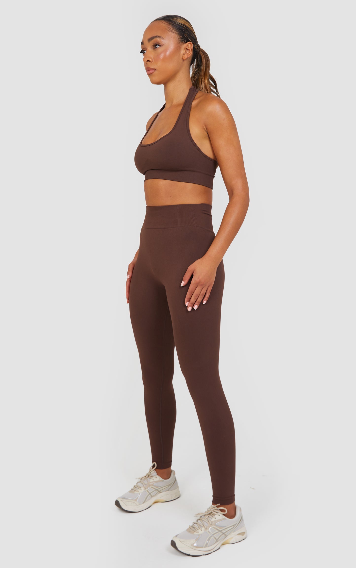 Soft Active Halter Neck Scrunch Leggings Set - Brown