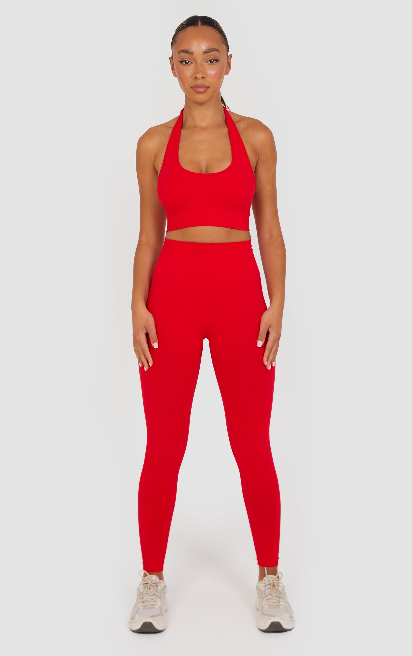 Soft Active Halter Neck Scrunch Leggings Set - Red