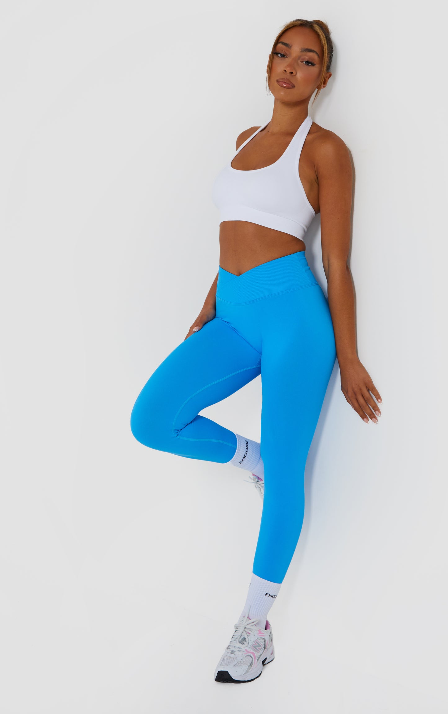 Statement Cross Waist Band Scrunch Leggings - Blue