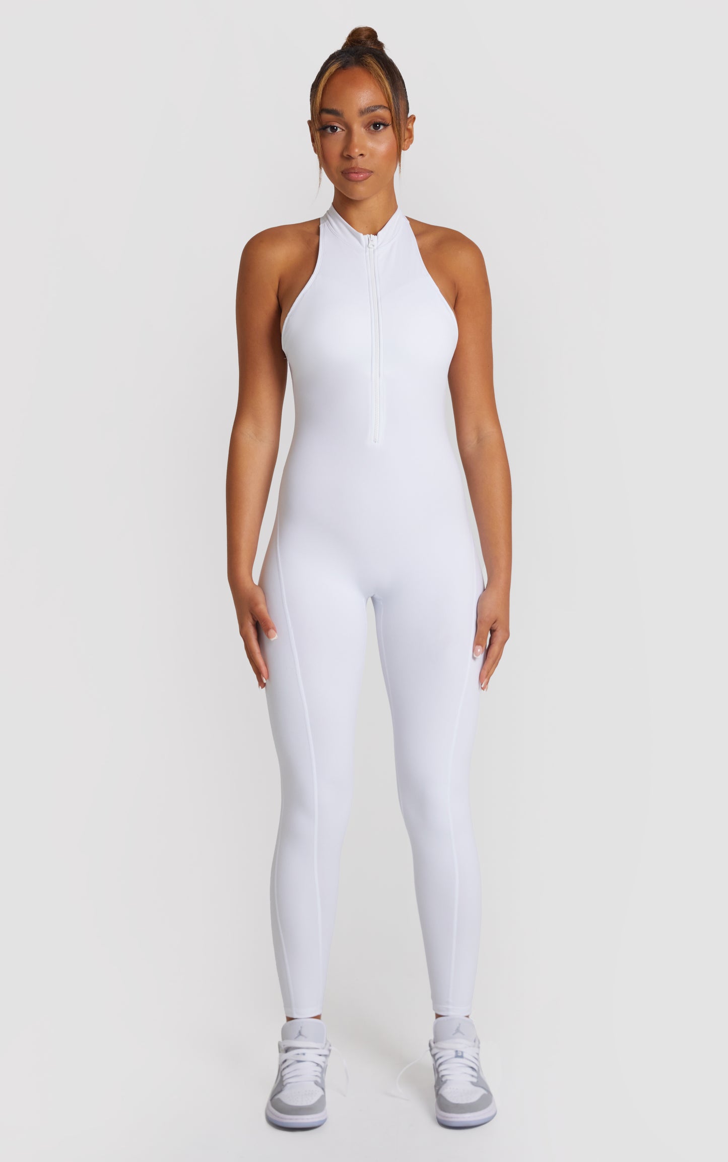 Zip Up Racer Back Scrunch Jumpsuit - White