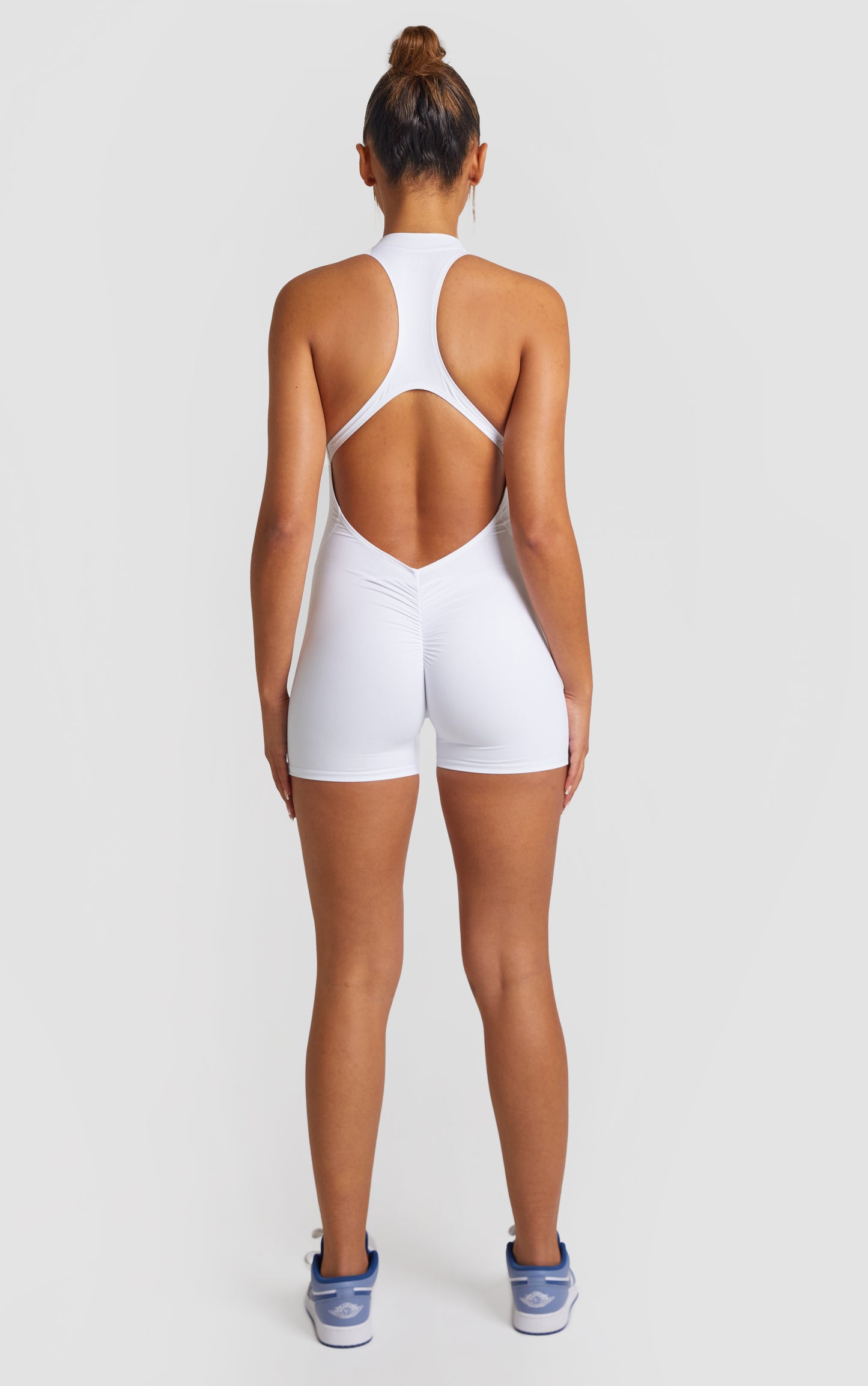 Zip Up Racer Back Scrunch Unitard - White