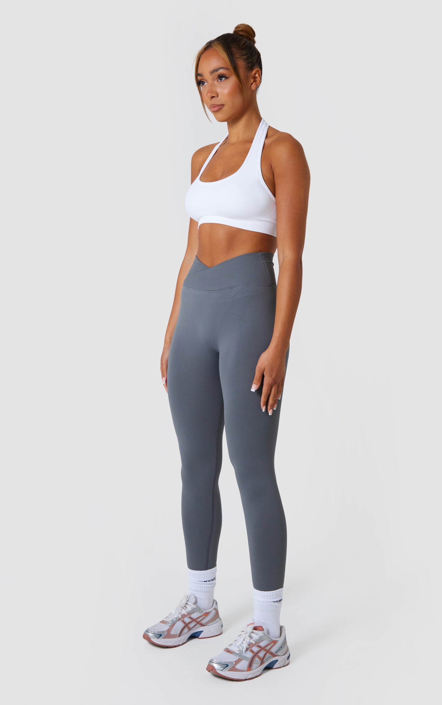 Statement Cross Waist Band Scrunch Leggings - Grey