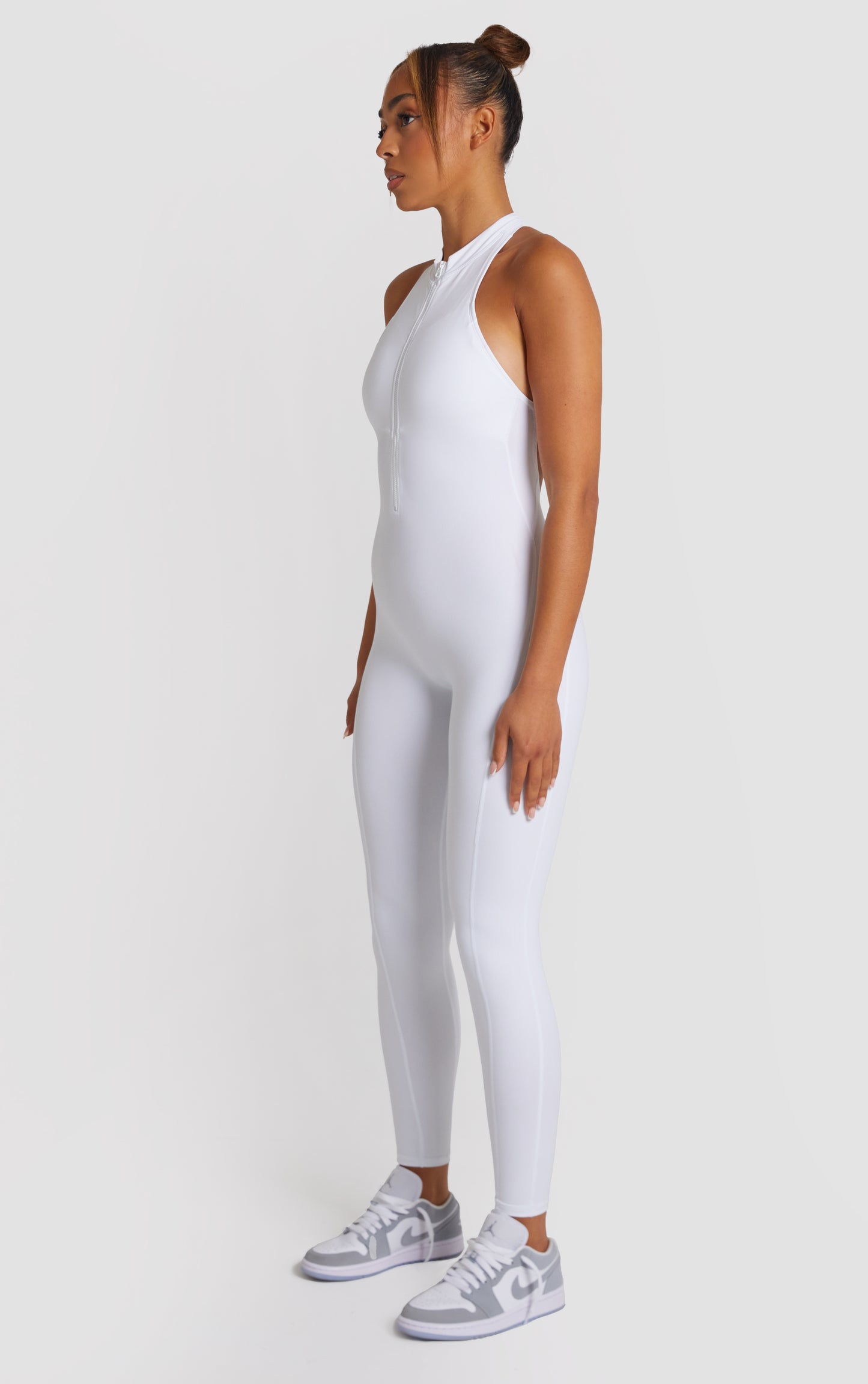 Zip Up Racer Back Scrunch Jumpsuit - White