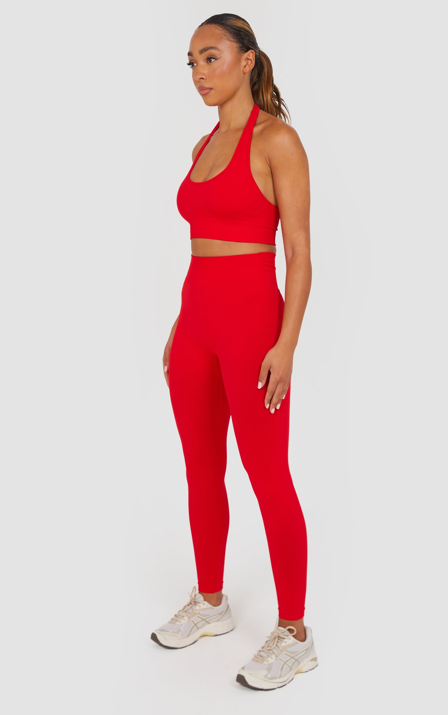 Soft Active Halter Neck Scrunch Leggings Set - Red