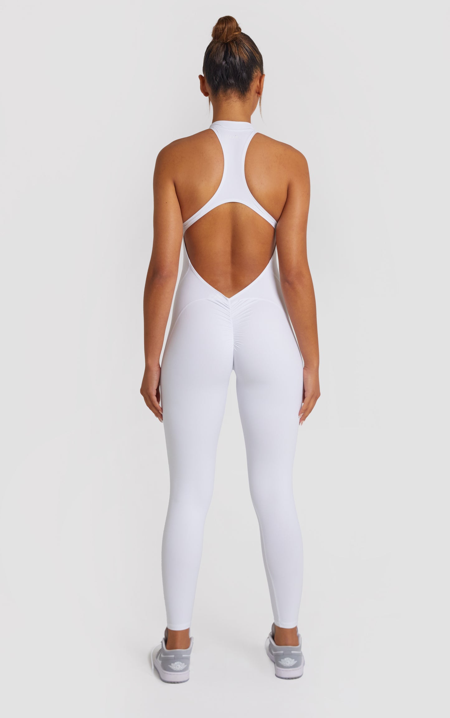 Zip Up Racer Back Scrunch Jumpsuit - White